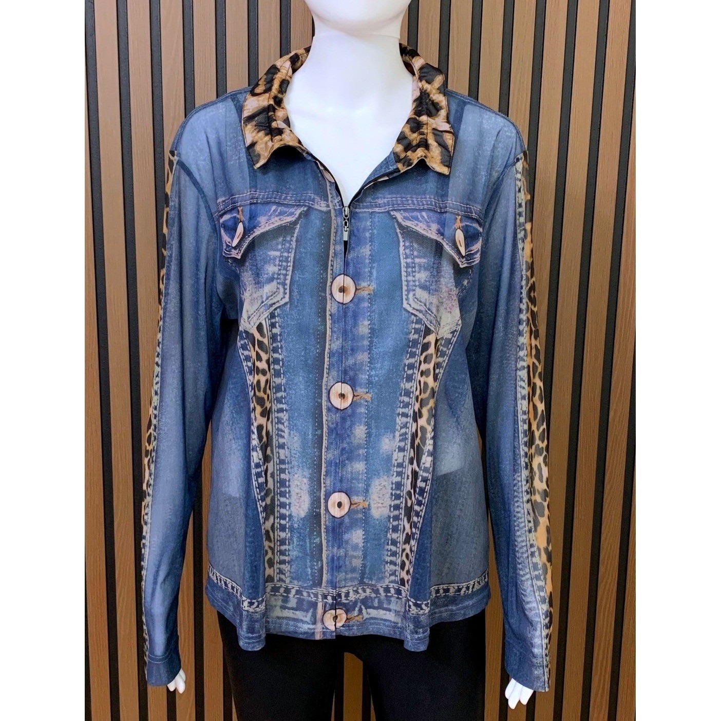John Mark Women's Blue Denim Print Leopard Mesh Zip Up Top Large Sheer Jacket